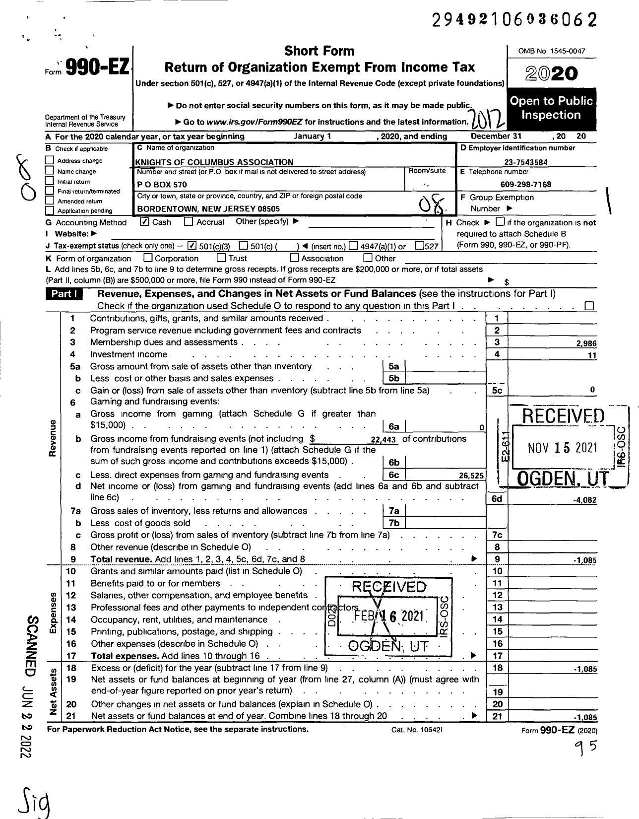 Image of first page of 2020 Form 990EO for Knights of Columbus - Bordentown Council 570