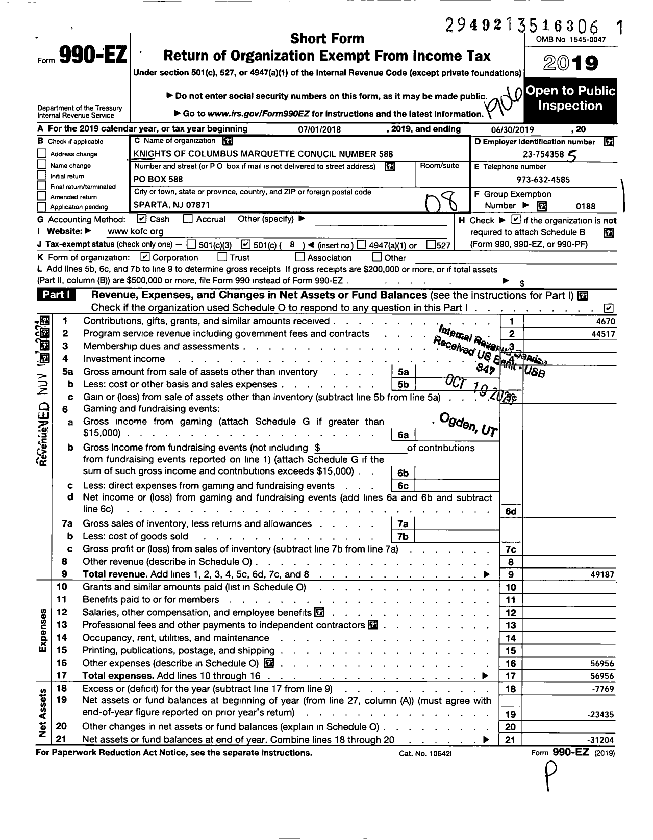 Image of first page of 2018 Form 990EO for Knights of Columbus - 588 Marquette Council