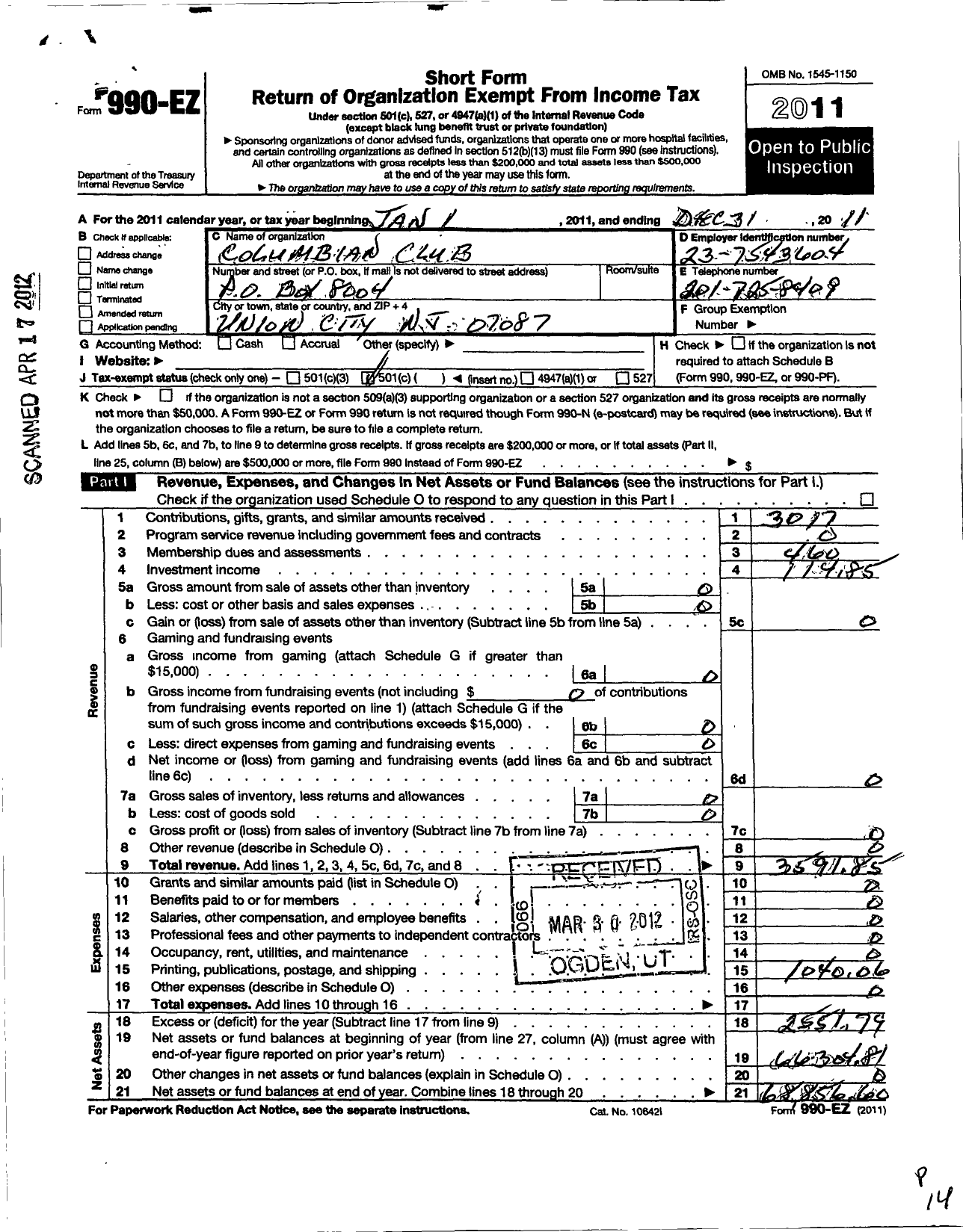 Image of first page of 2011 Form 990EO for Knights of Columbus - 1378 Carroll Council