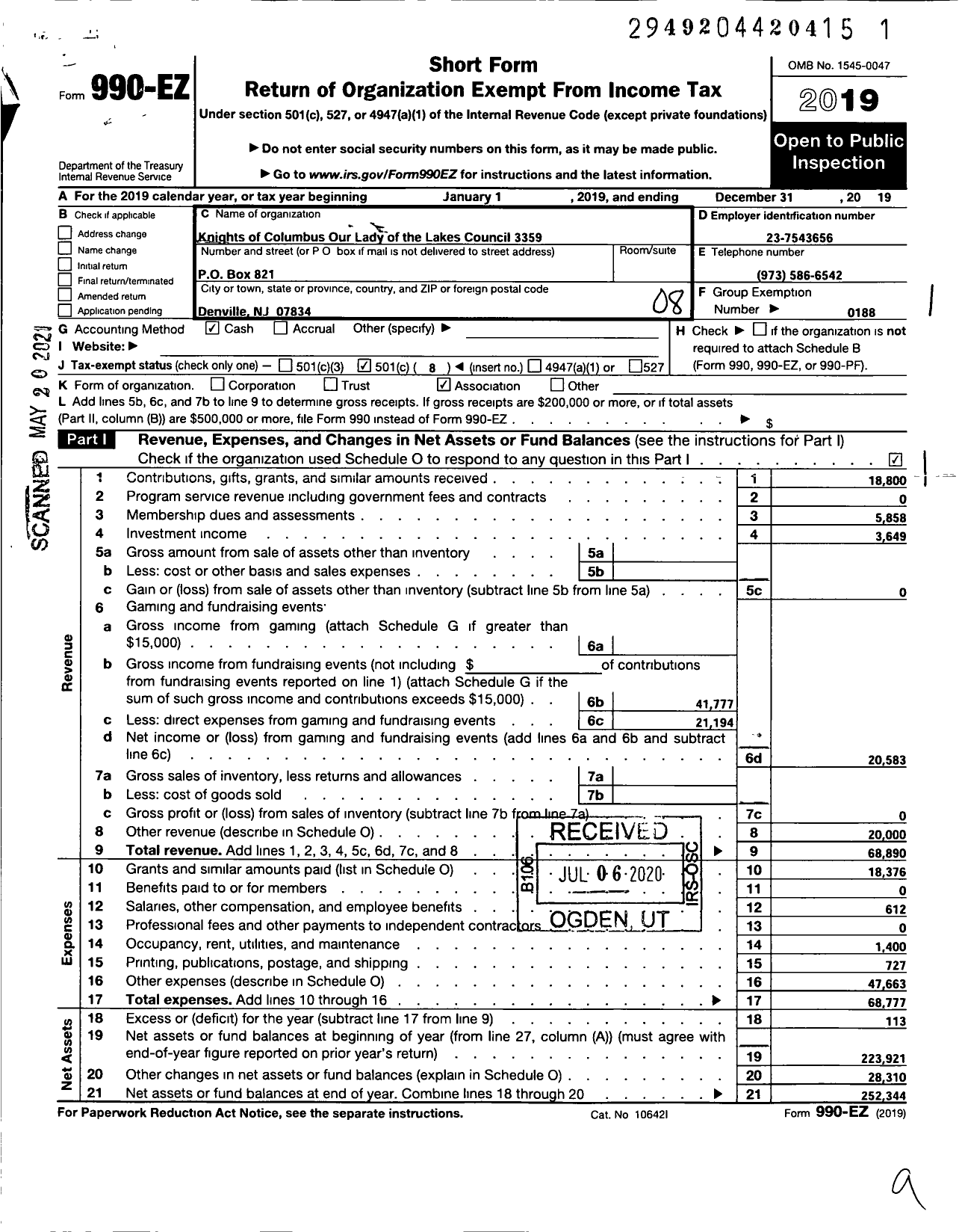 Image of first page of 2019 Form 990EO for KNIGHTS OF Columbus - 3359 Lady OF the Lakes Council