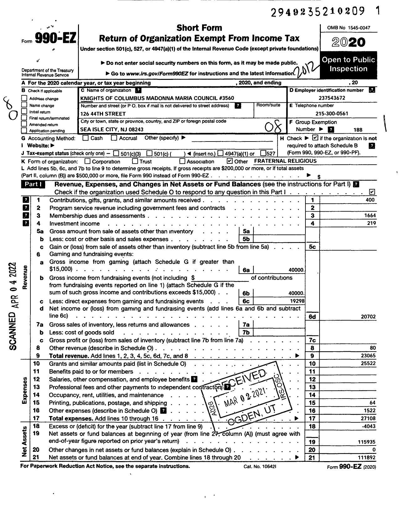 Image of first page of 2020 Form 990EO for Knights of Columbus - Madonna Maria Council 2586