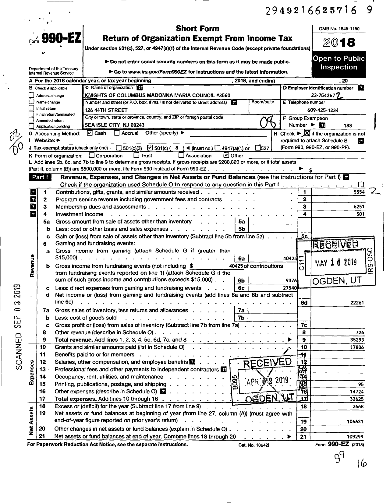 Image of first page of 2018 Form 990EO for Knights of Columbus - Madonna Maria Council 2586