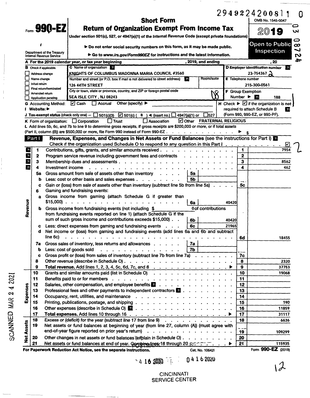 Image of first page of 2019 Form 990EO for Knights of Columbus - Madonna Maria Council 2586