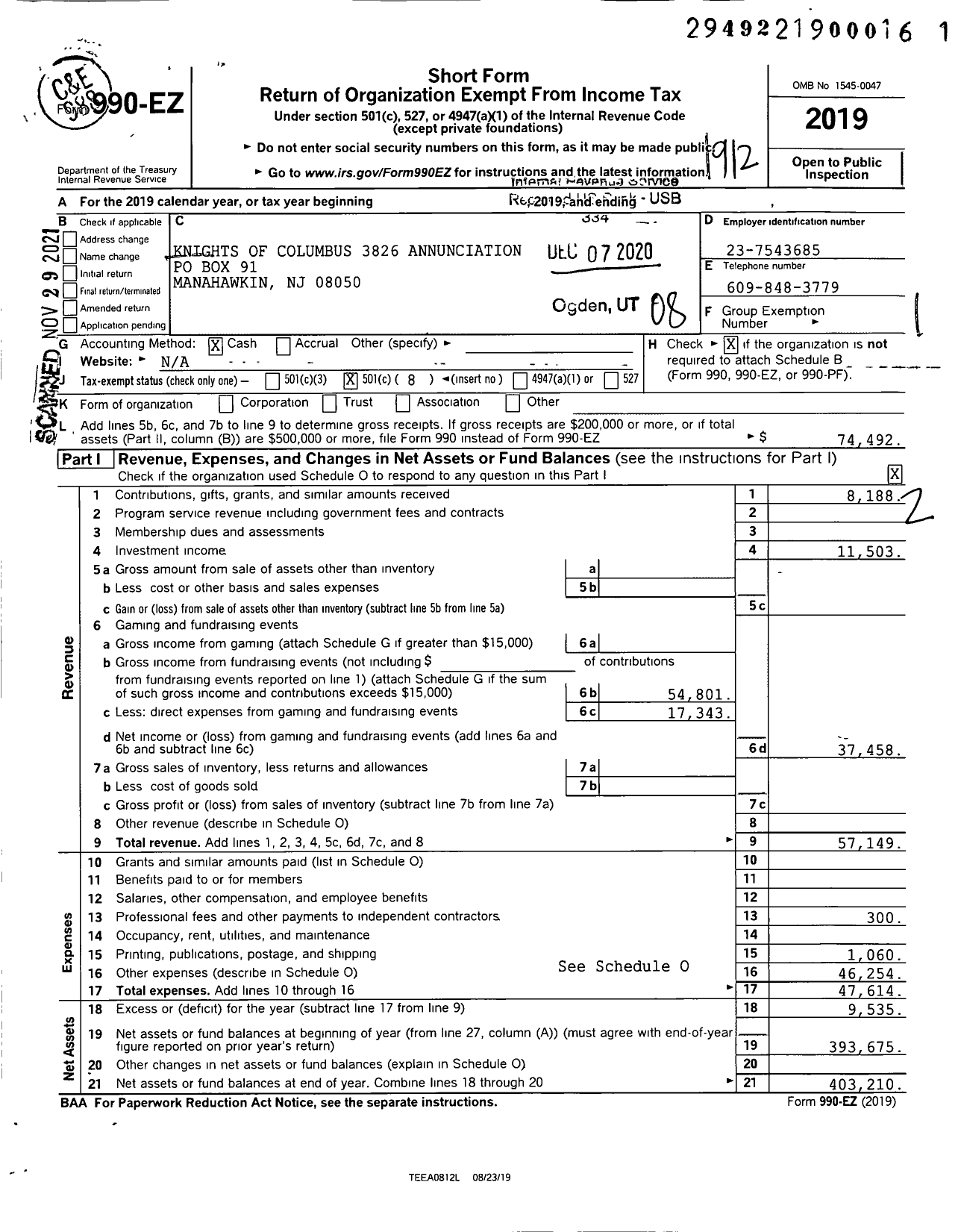 Image of first page of 2019 Form 990EO for Knights of Columbus - 3826 Annunciation Council