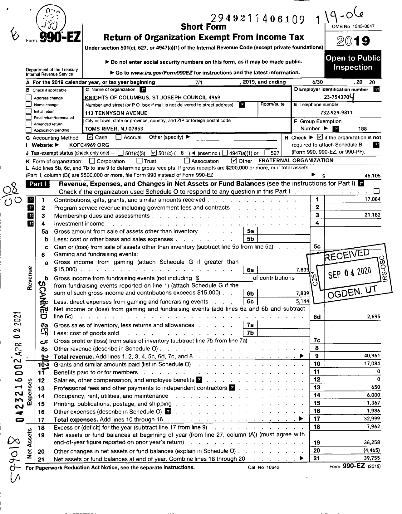 Image of first page of 2019 Form 990EO for Knights of Columbus - 4969 St Joseph Council