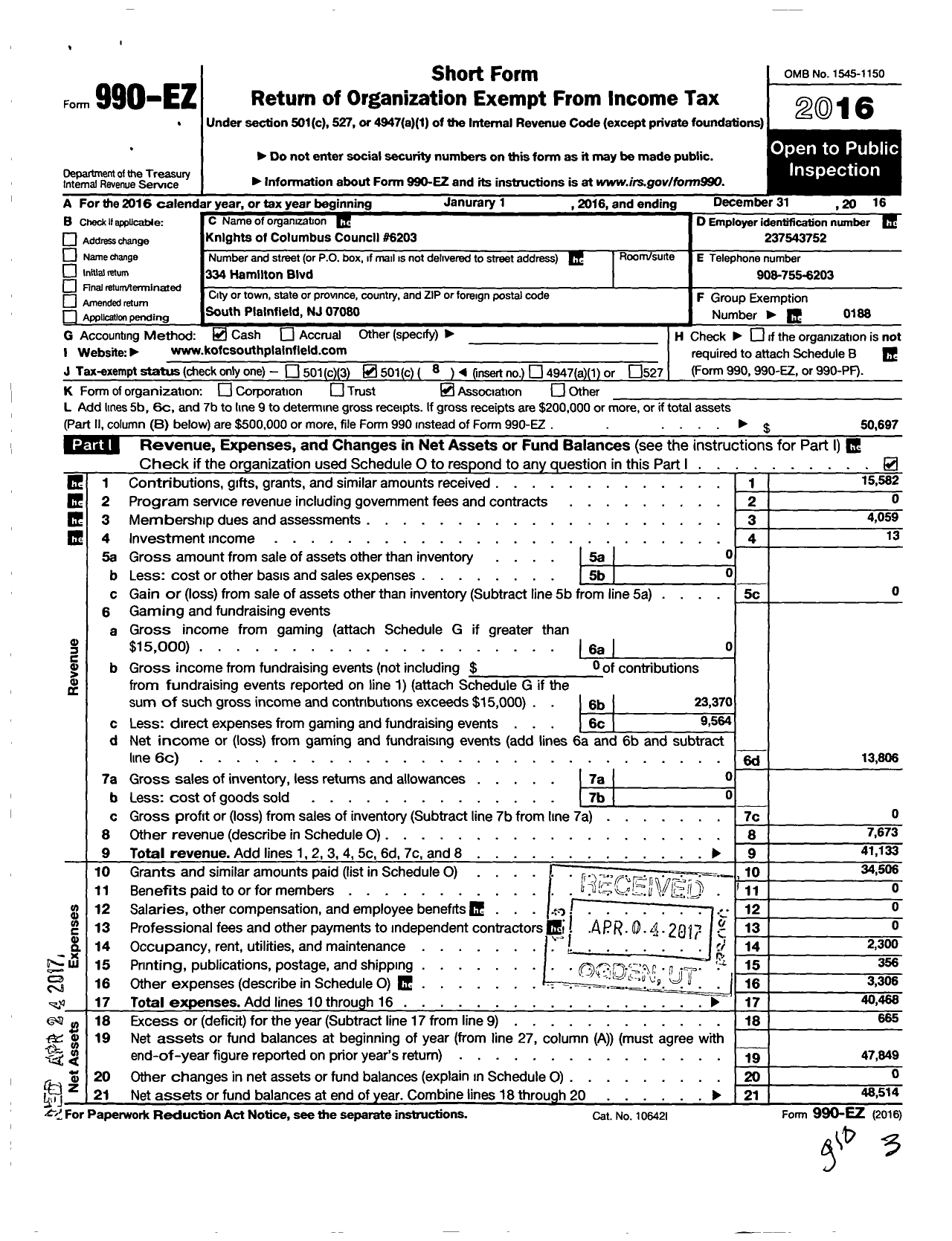 Image of first page of 2016 Form 990EO for Knights of Columbus - 6203 South Plainfield Council