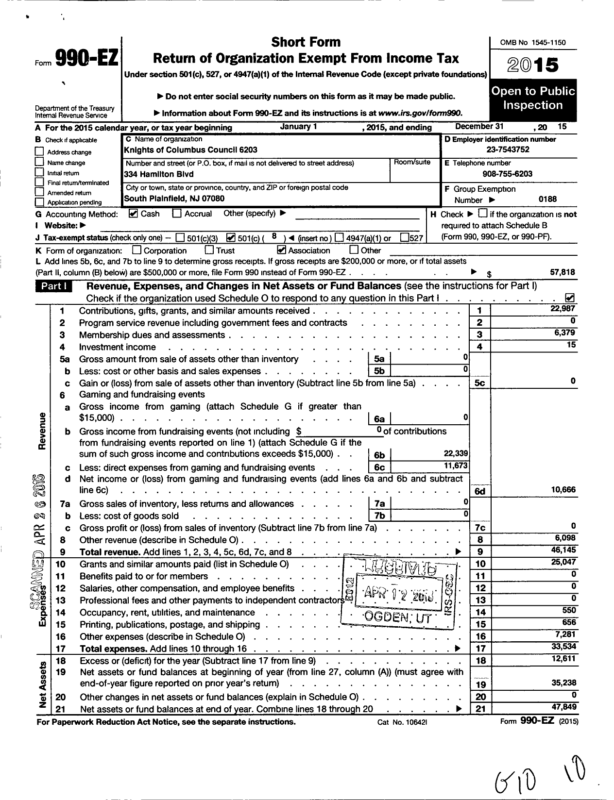 Image of first page of 2015 Form 990EO for Knights of Columbus - 6203 South Plainfield Council