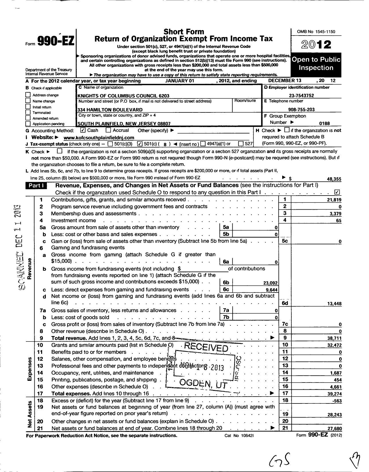 Image of first page of 2012 Form 990EO for Knights of Columbus - 6203 South Plainfield Council