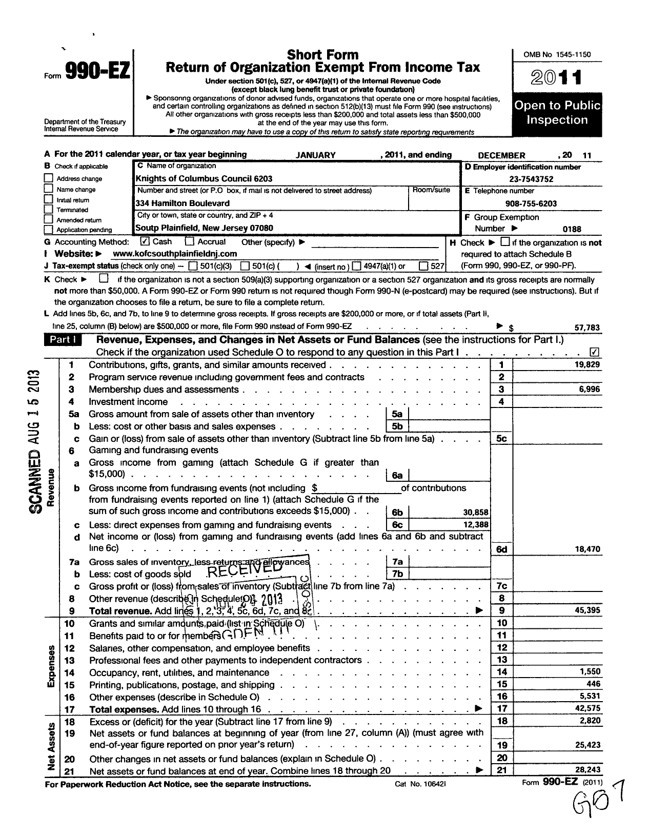 Image of first page of 2011 Form 990EO for Knights of Columbus - 6203 South Plainfield Council