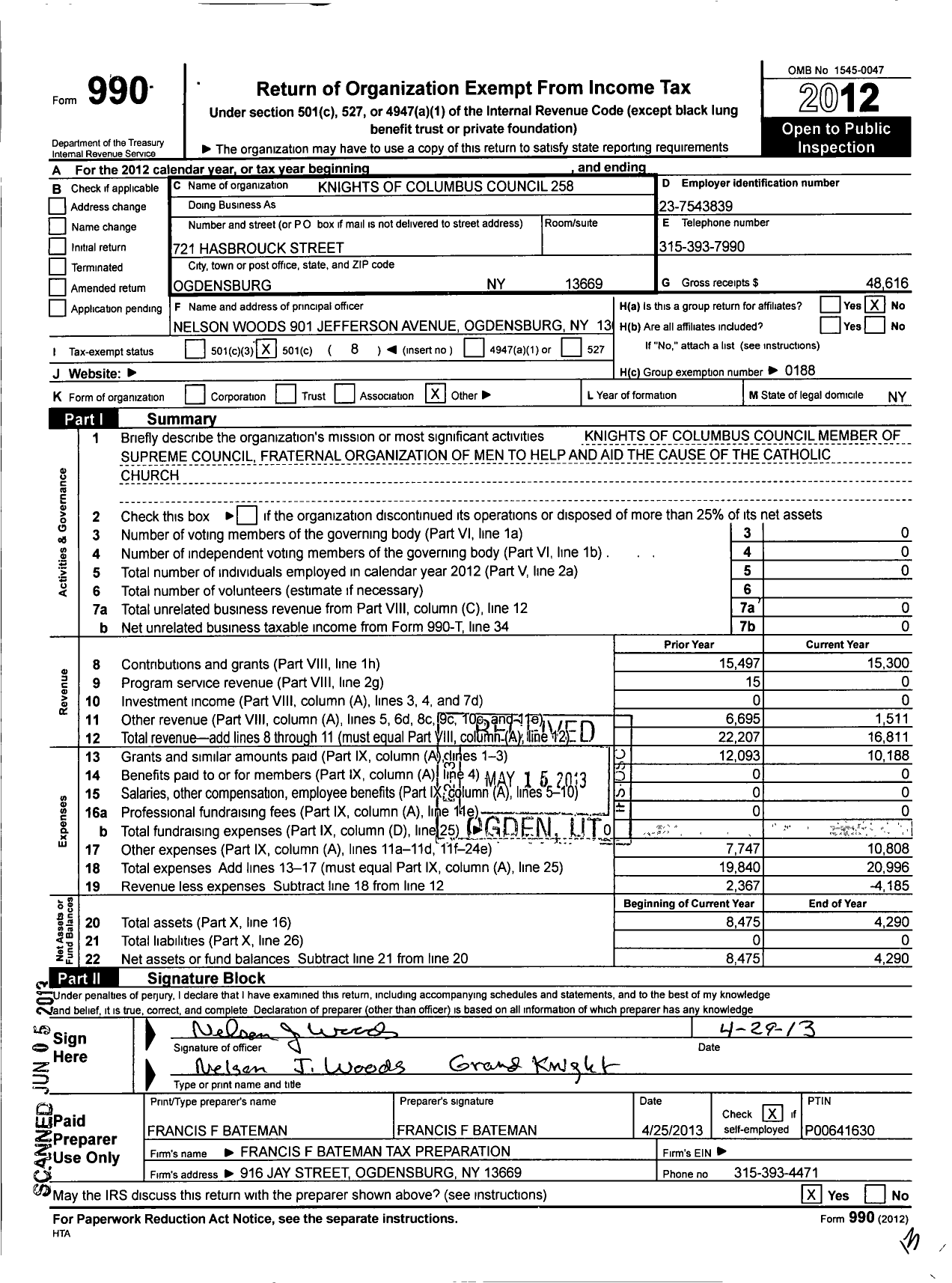 Image of first page of 2012 Form 990O for KNIGHTS OF COLUMBUS - 258 RT Rev Msgr Anthime D Charbonne