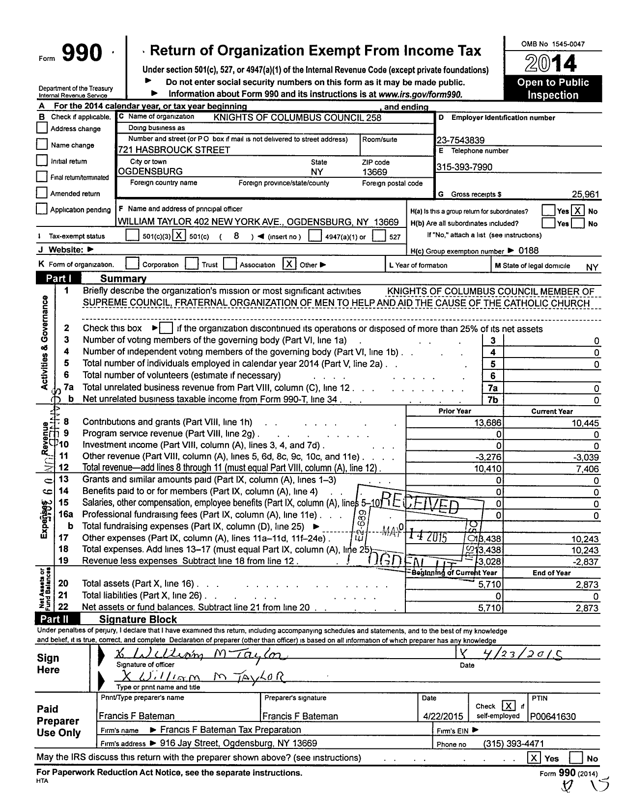 Image of first page of 2014 Form 990O for KNIGHTS OF COLUMBUS - 258 RT Rev Msgr Anthime D Charbonne