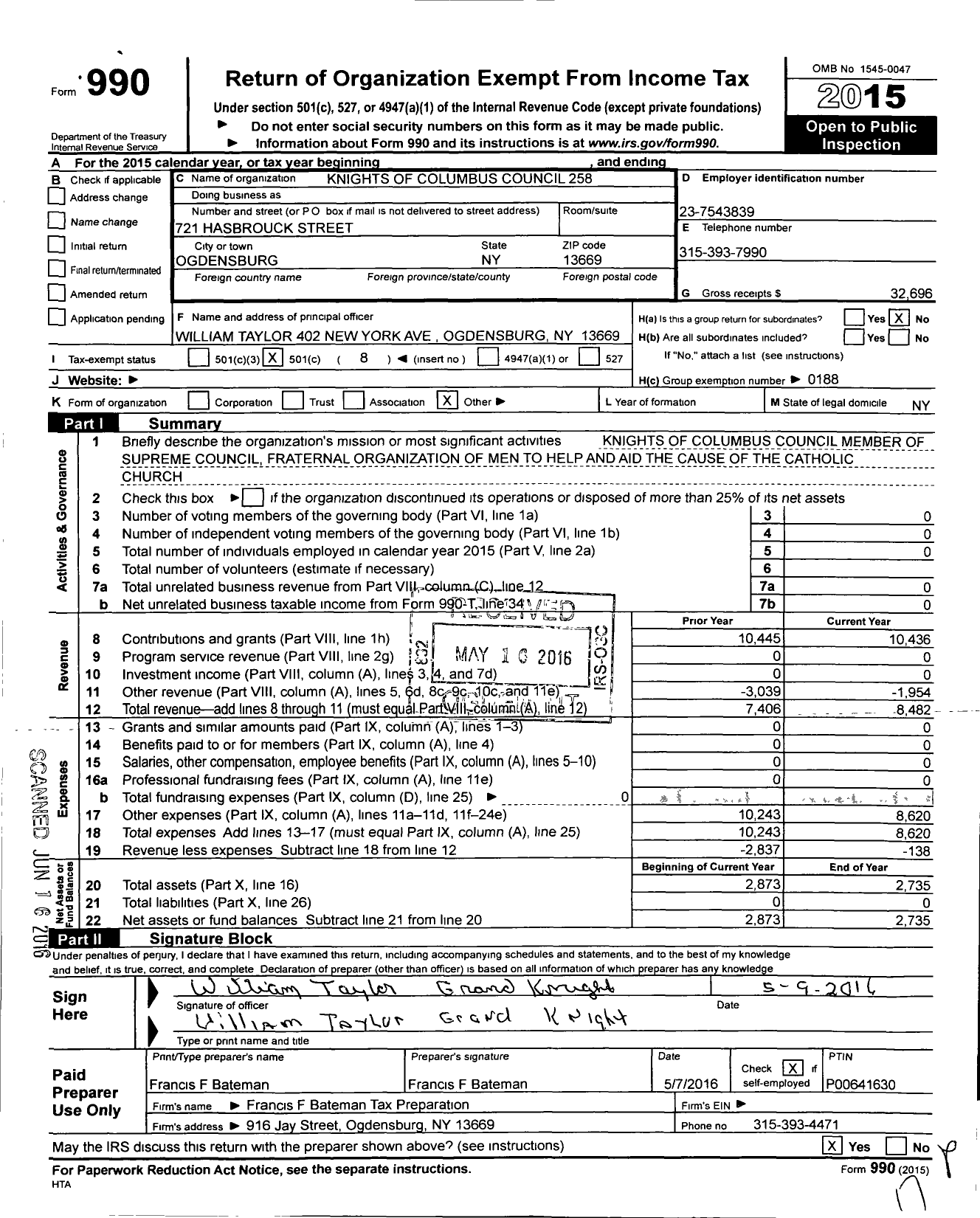 Image of first page of 2015 Form 990O for KNIGHTS OF COLUMBUS - 258 RT Rev Msgr Anthime D Charbonne