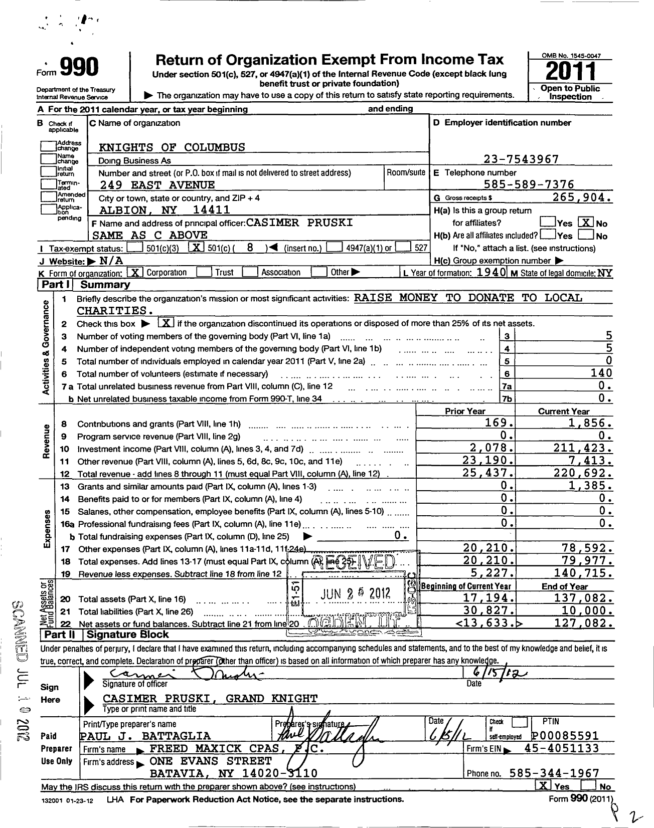 Image of first page of 2011 Form 990O for Knights of Columbus - 1330 Albion Council