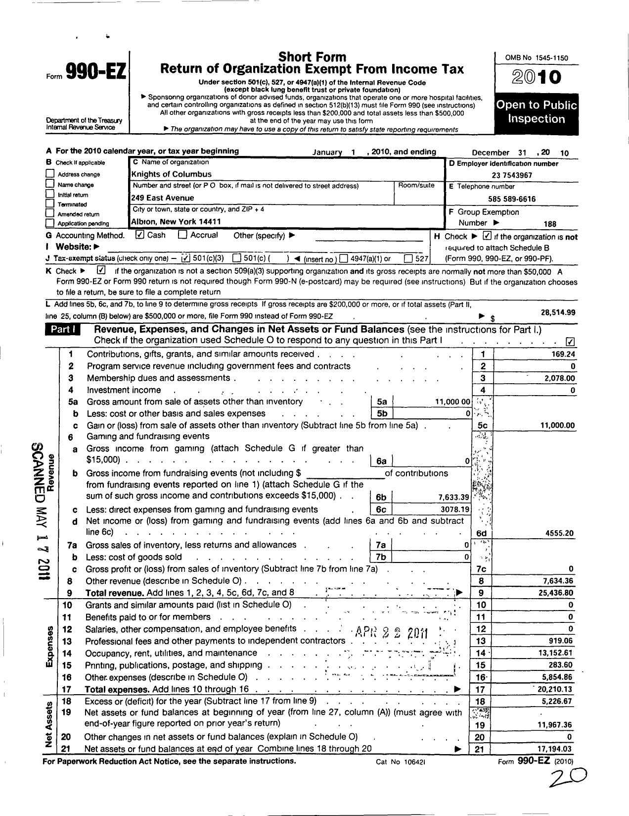 Image of first page of 2010 Form 990EZ for Knights of Columbus - 1330 Albion Council