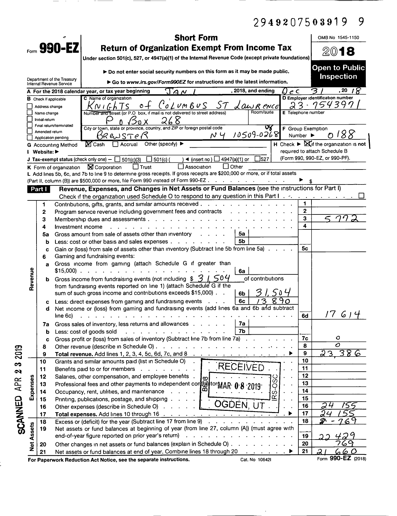 Image of first page of 2018 Form 990EO for Knights of Columbus - 1495 St Lawrence Council