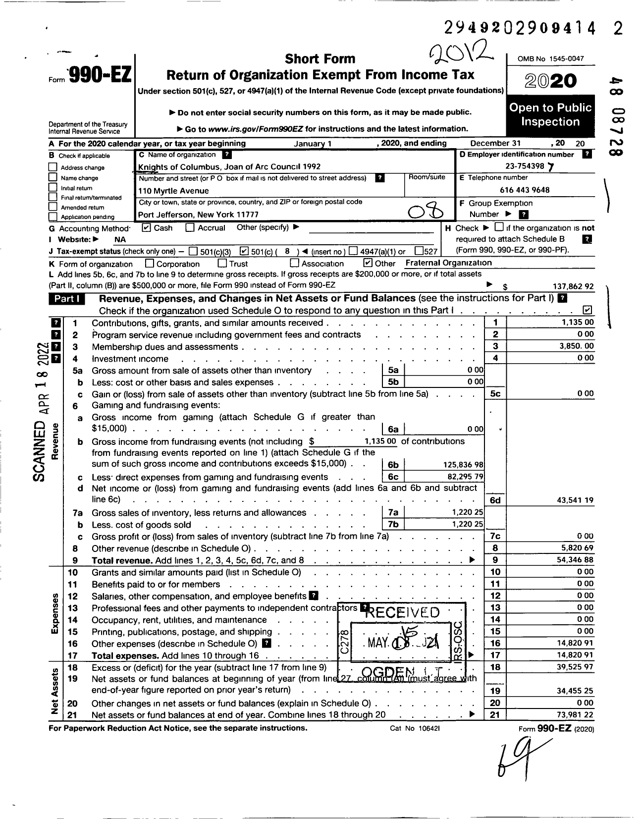 Image of first page of 2020 Form 990EO for Knights of Columbus