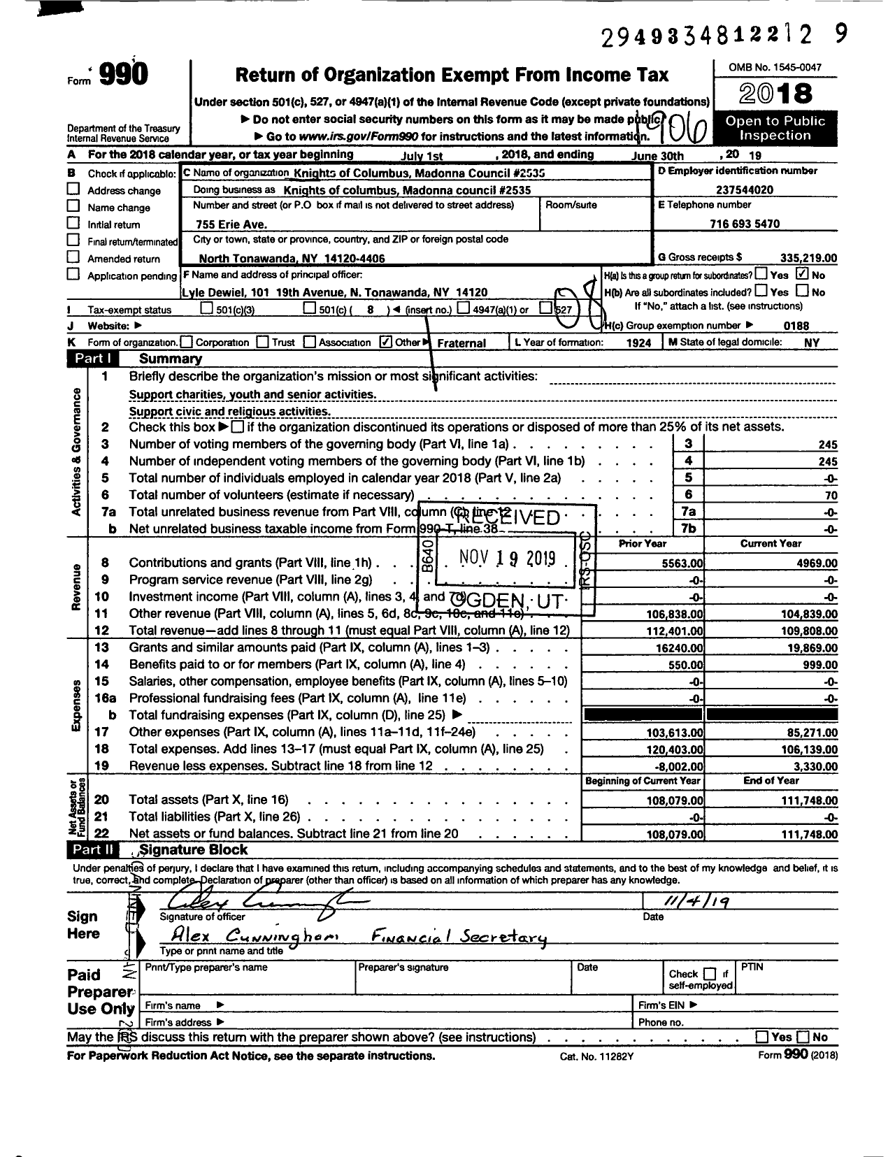 Image of first page of 2018 Form 990O for Knights of Columbus - 02535 Madonna Council