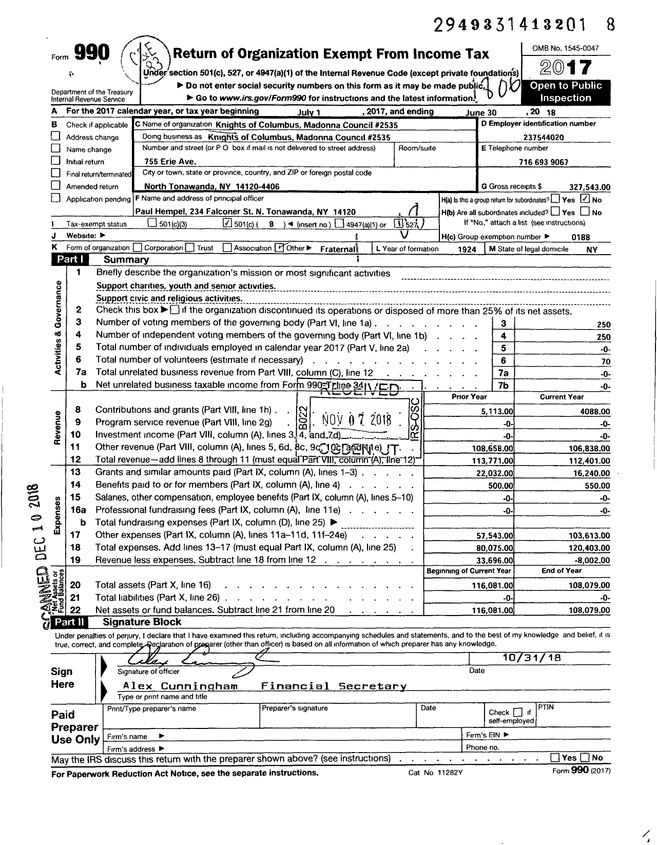 Image of first page of 2017 Form 990O for Knights of Columbus - 02535 Madonna Council