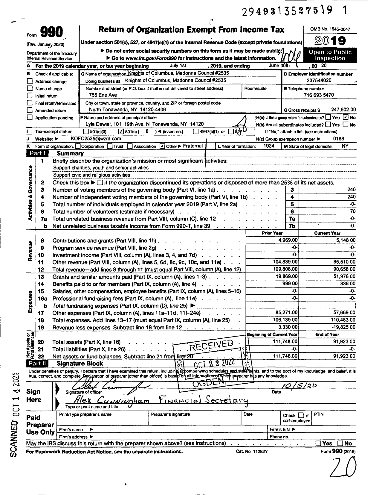 Image of first page of 2019 Form 990O for Knights of Columbus - 02535 Madonna Council