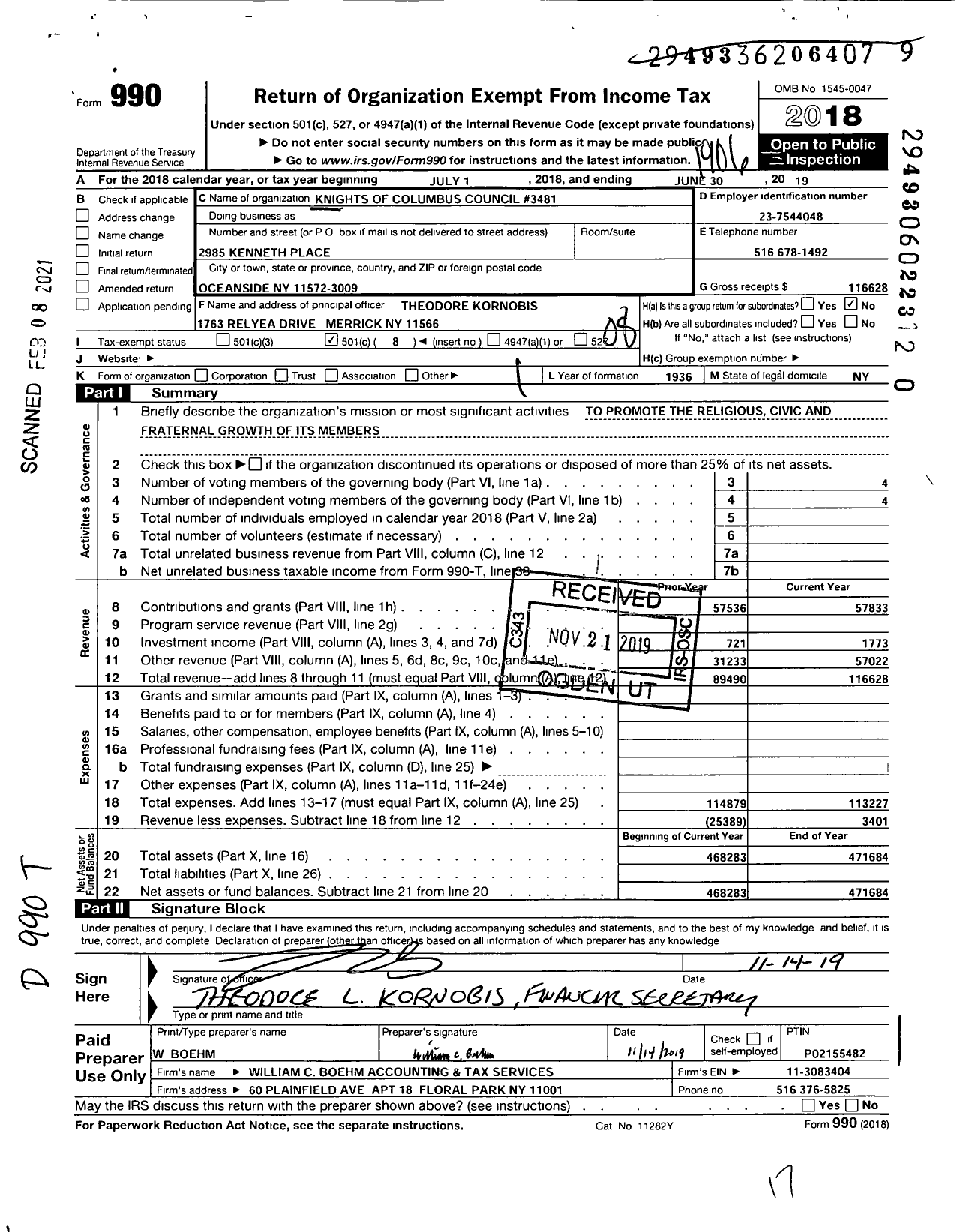 Image of first page of 2018 Form 990O for Knights of Columbus - 3481 Father Joseph Oconnell Council