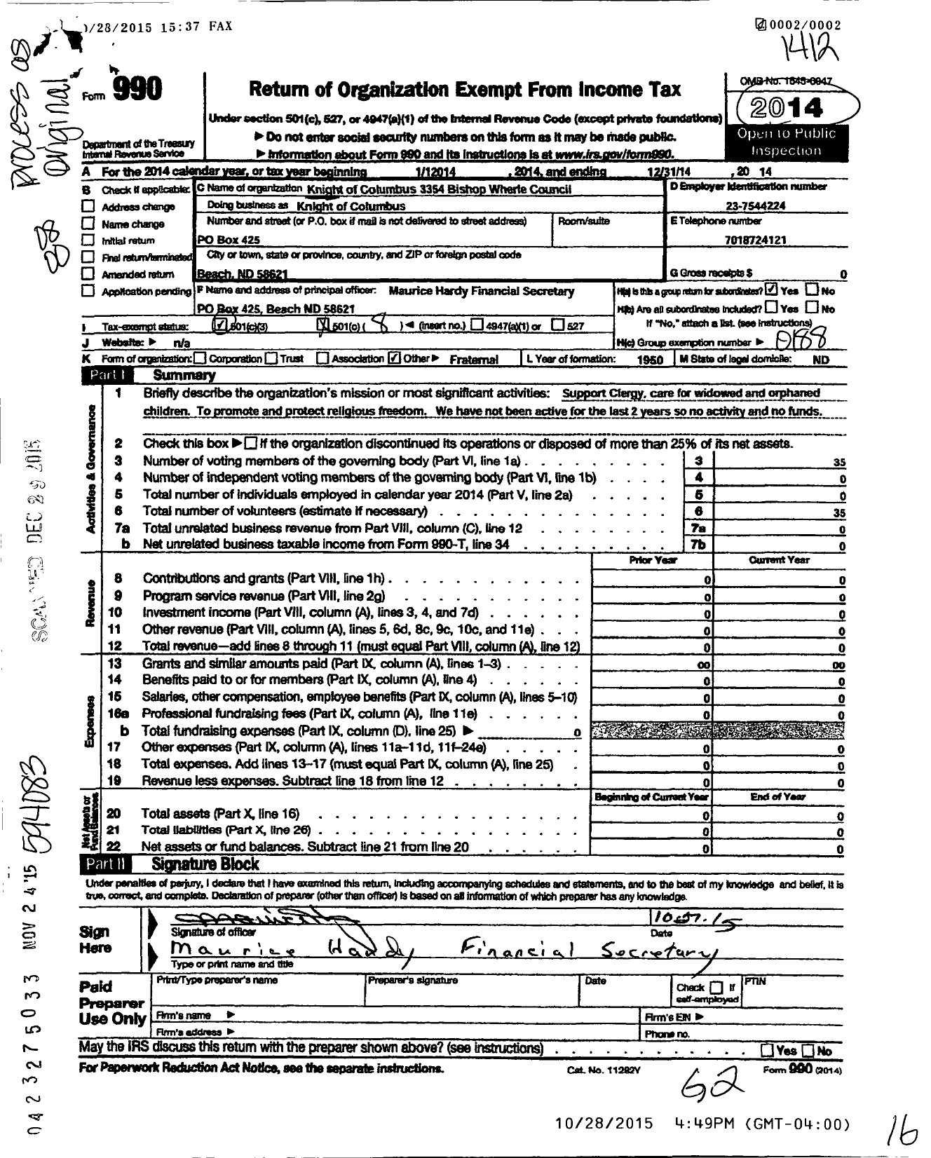 Image of first page of 2014 Form 990O for Knights of Columbus - 3354 Bishop Wehrle Council