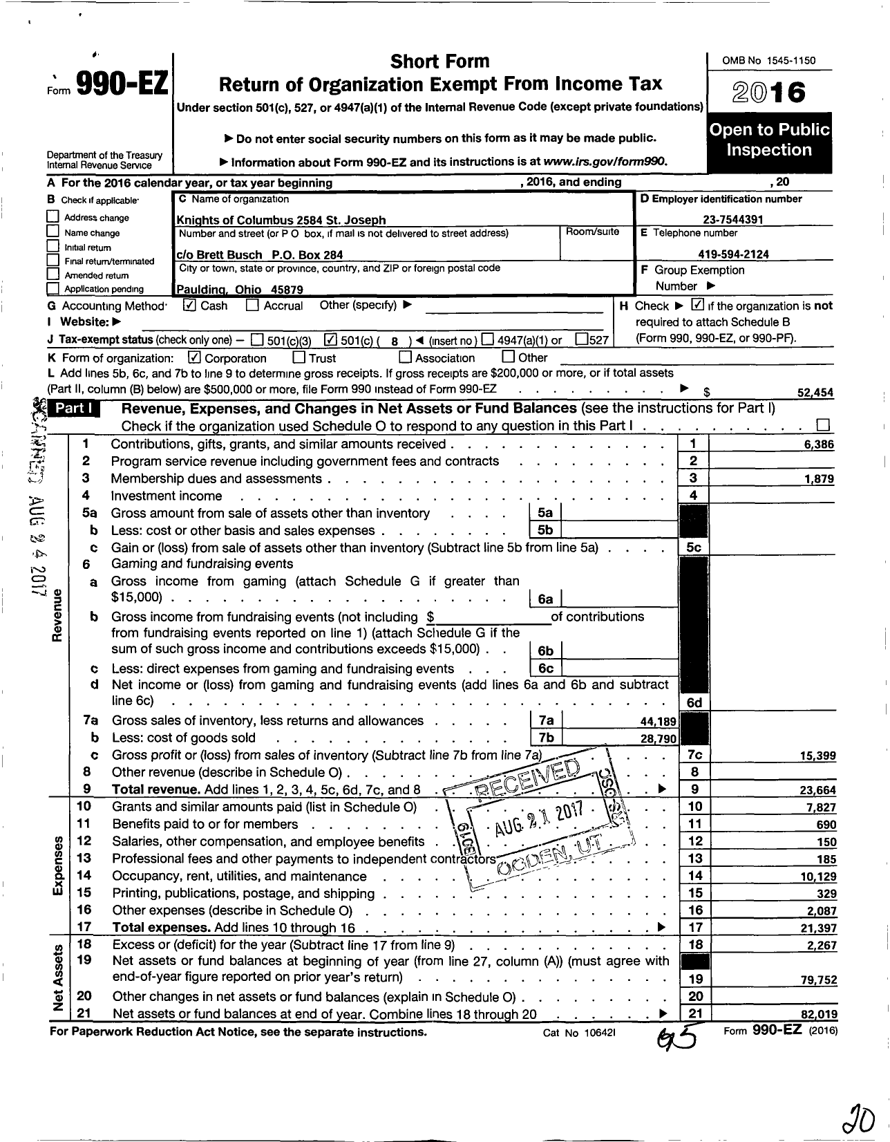 Image of first page of 2016 Form 990EO for Knights of Columbus 2584 St Joseph