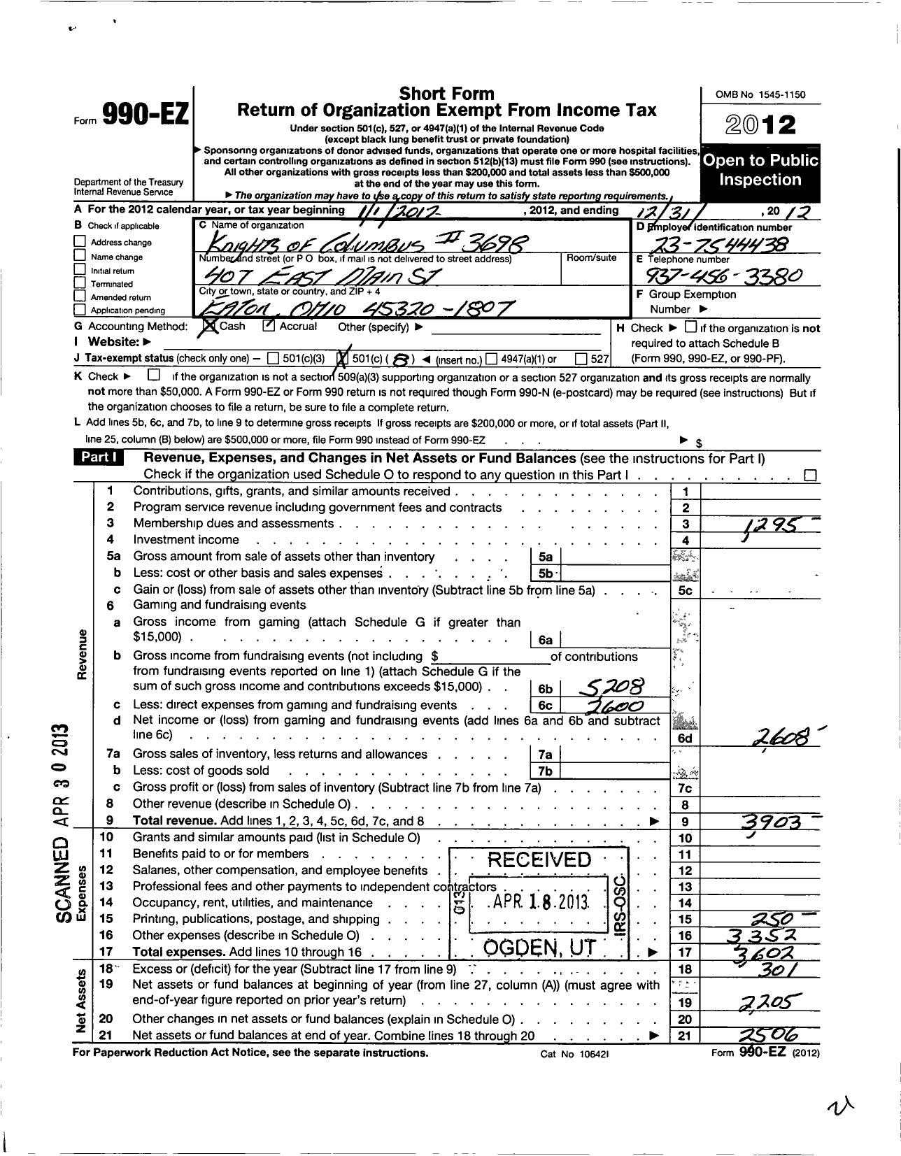 Image of first page of 2012 Form 990EO for Knights of Columbus - 3698 Eaton Council