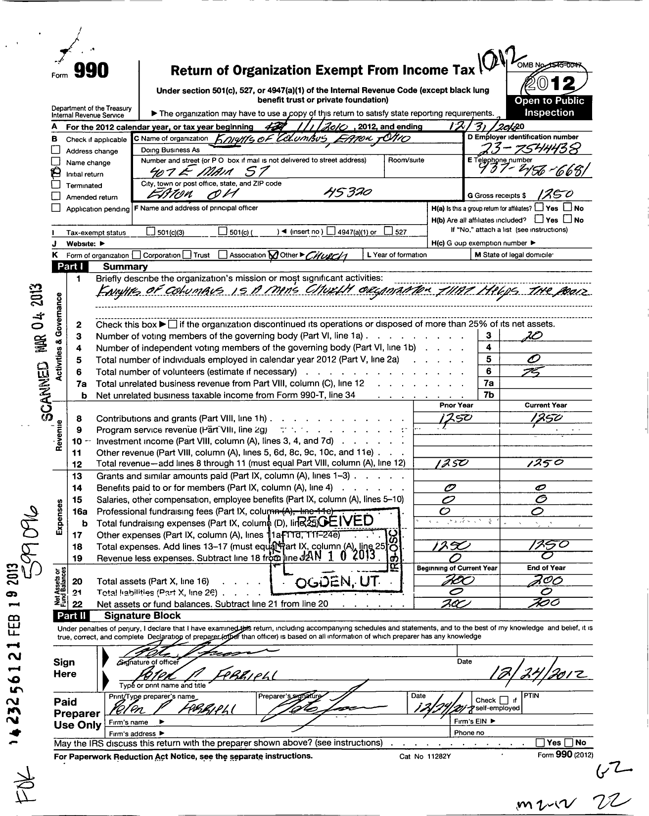 Image of first page of 2010 Form 990O for Knights of Columbus - 3698 Eaton Council