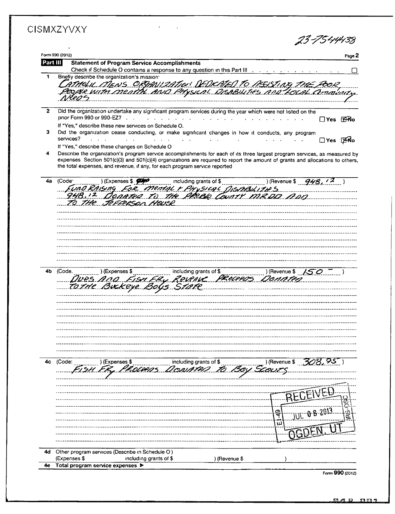 Image of first page of 2010 Form 990OR for Knights of Columbus - 3698 Eaton Council