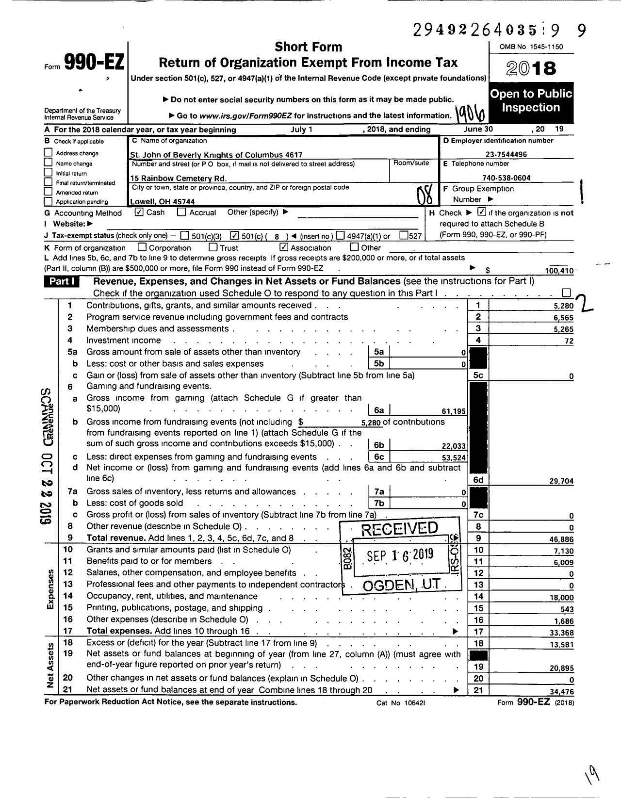 Image of first page of 2018 Form 990EO for Knights of Columbus - 4617 St John of Beverly Council