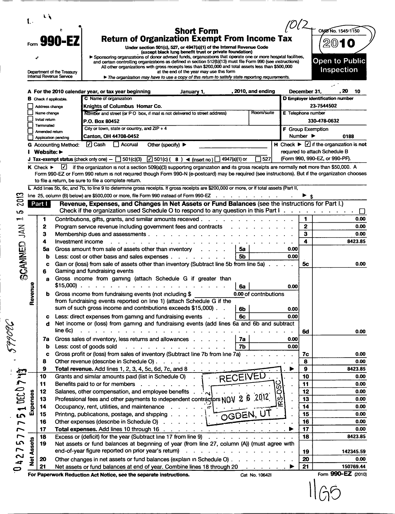 Image of first page of 2010 Form 990EO for Knights of Columbus - Homar Co