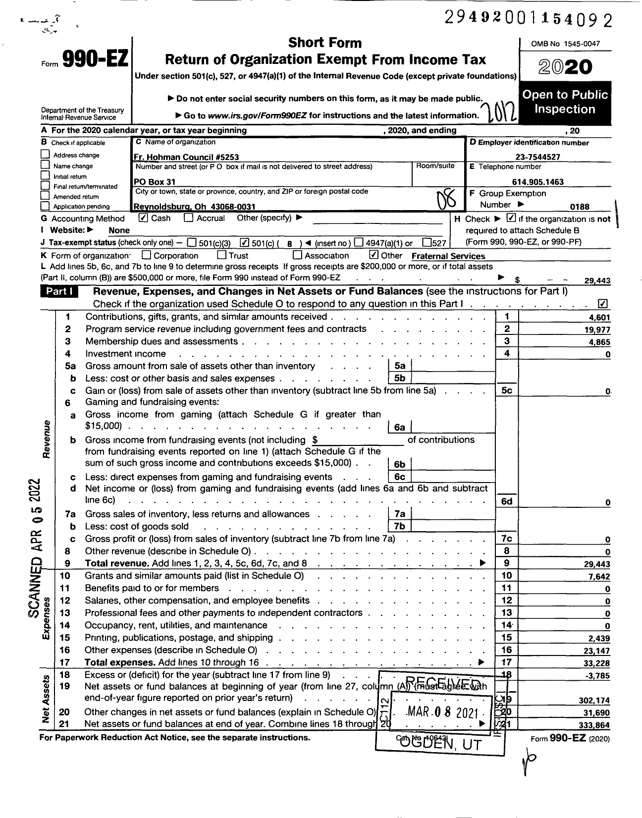 Image of first page of 2020 Form 990EO for KNIGHTS OF COLUMBUS - 5253 Fr Andrew H Hohman Council