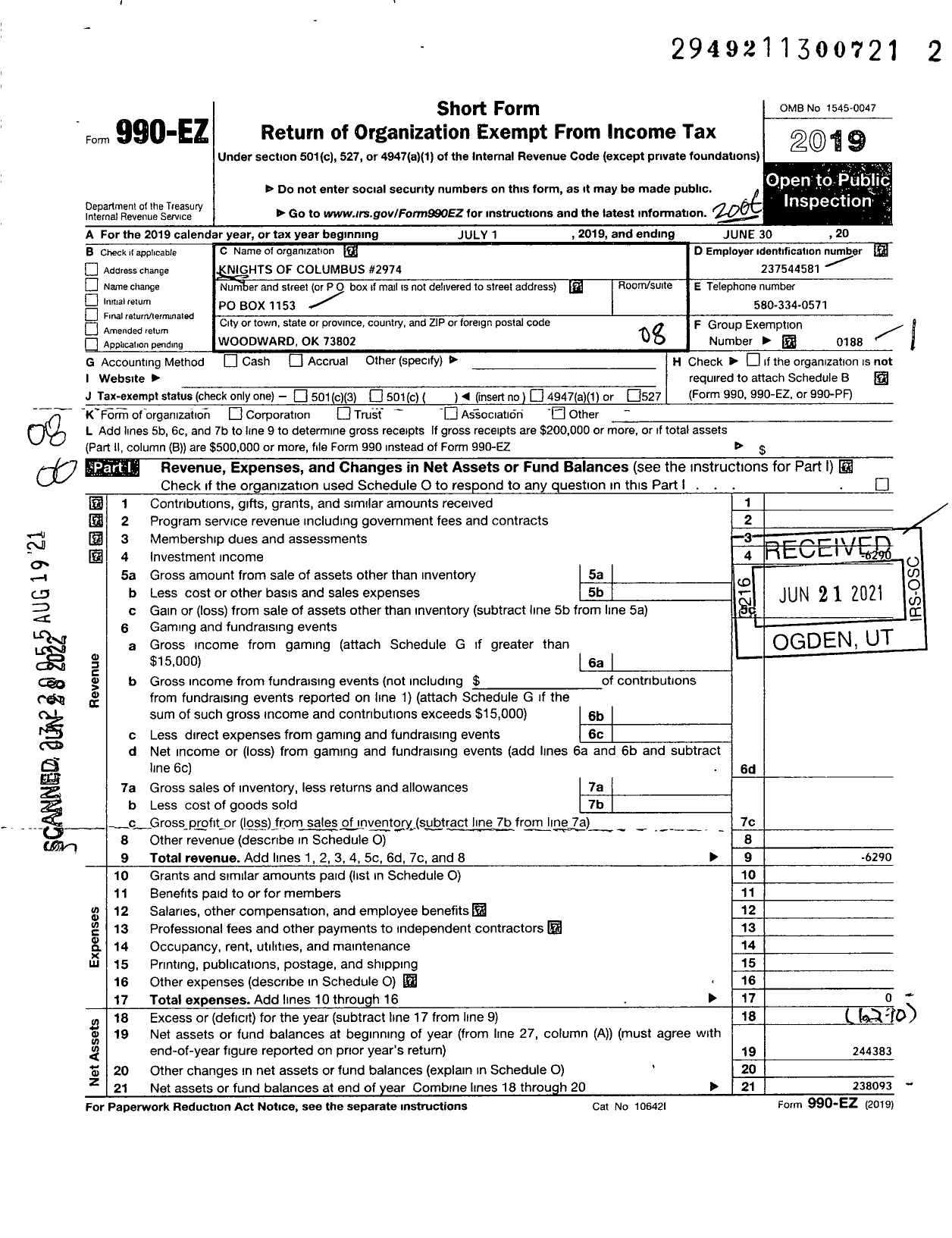 Image of first page of 2019 Form 990EO for Knights of Columbus - 2974 Woodward