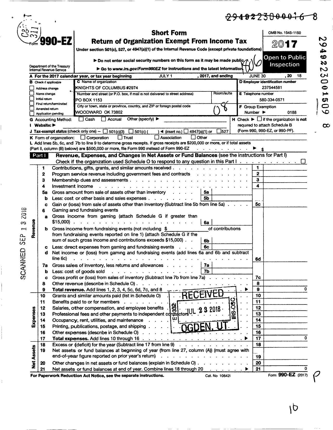 Image of first page of 2017 Form 990EO for Knights of Columbus - 2974 Woodward