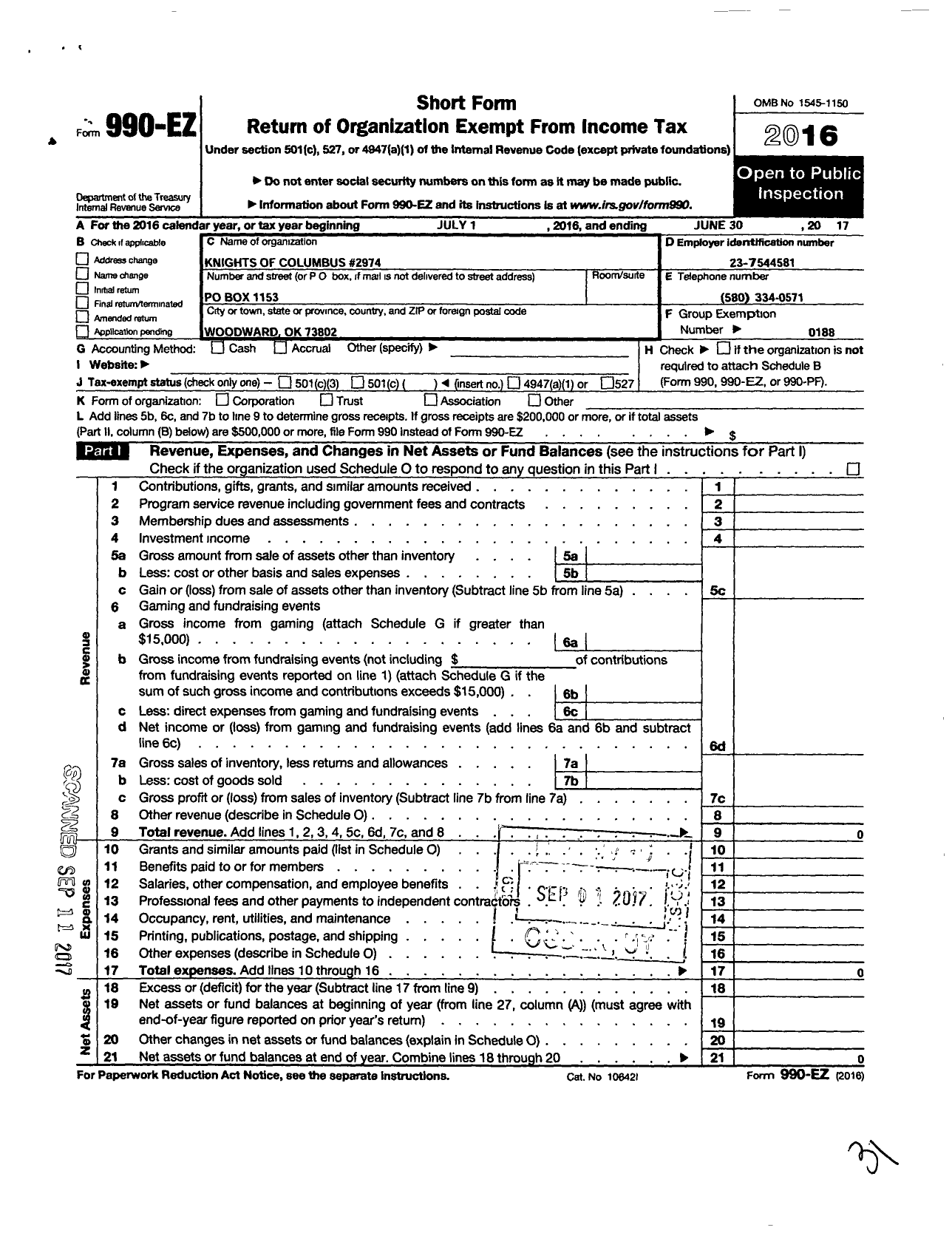 Image of first page of 2016 Form 990EO for Knights of Columbus - 2974 Woodward