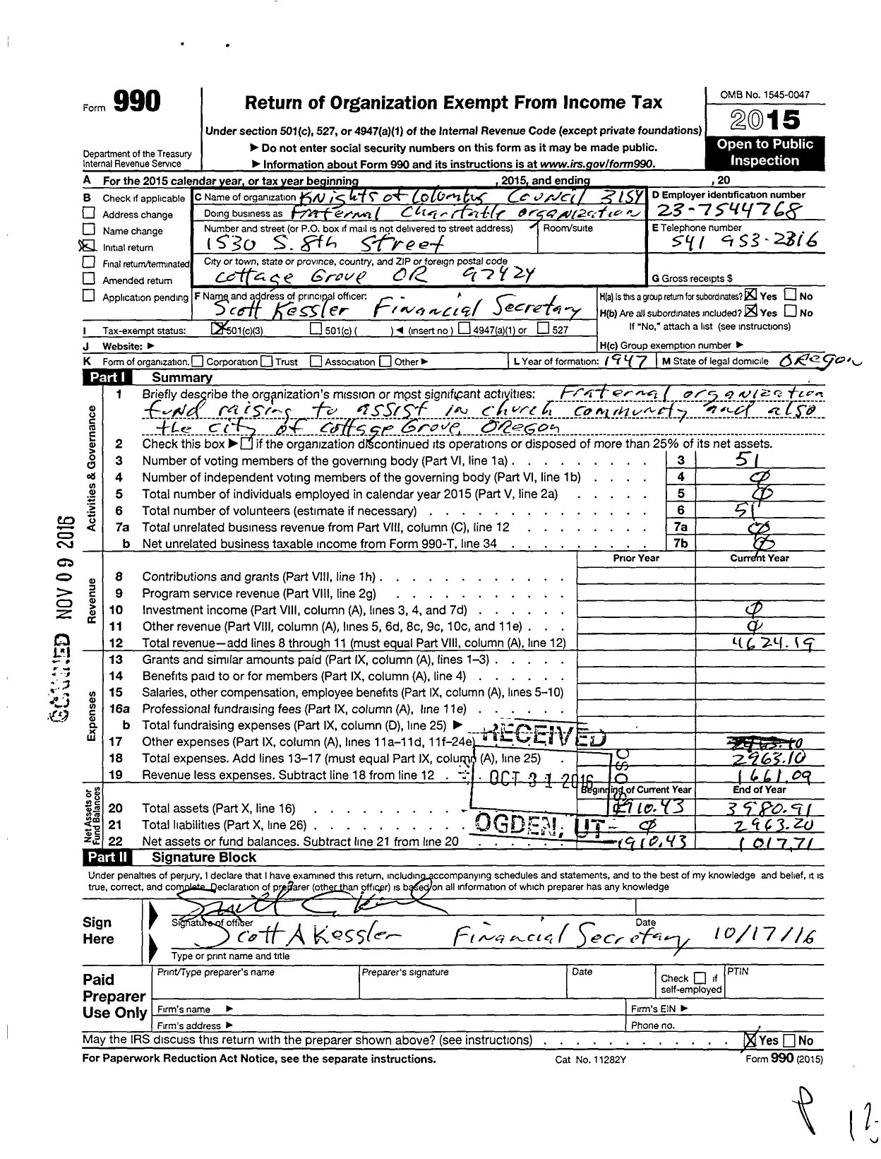 Image of first page of 2015 Form 990 for Knights of Columbus - 3154 Cottage Grove Council