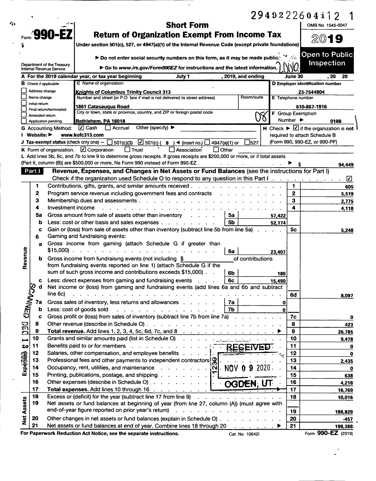 Image of first page of 2019 Form 990EO for Knights of Columbus - 313 Trinity Council