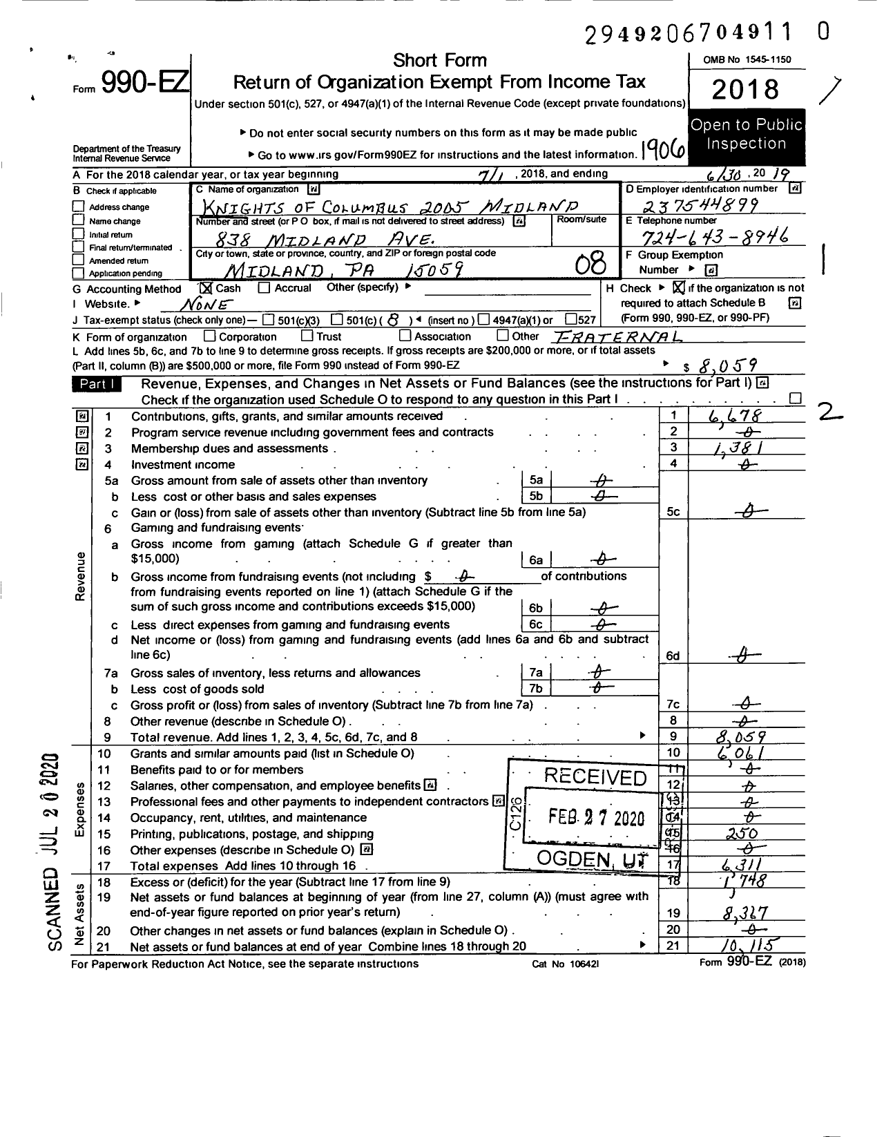 Image of first page of 2018 Form 990EO for Knights of Columbus - 2005 Midland Council