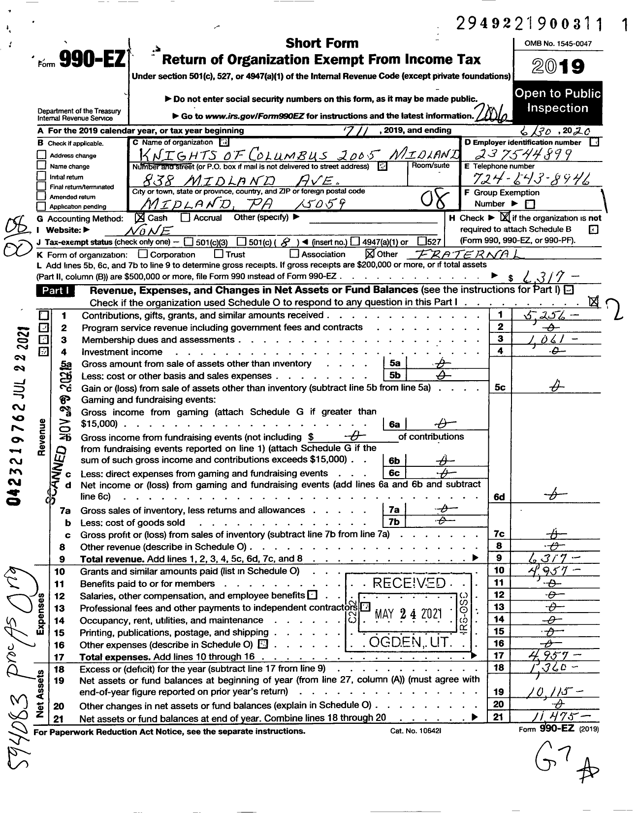 Image of first page of 2019 Form 990EO for Knights of Columbus - 2005 Midland Council