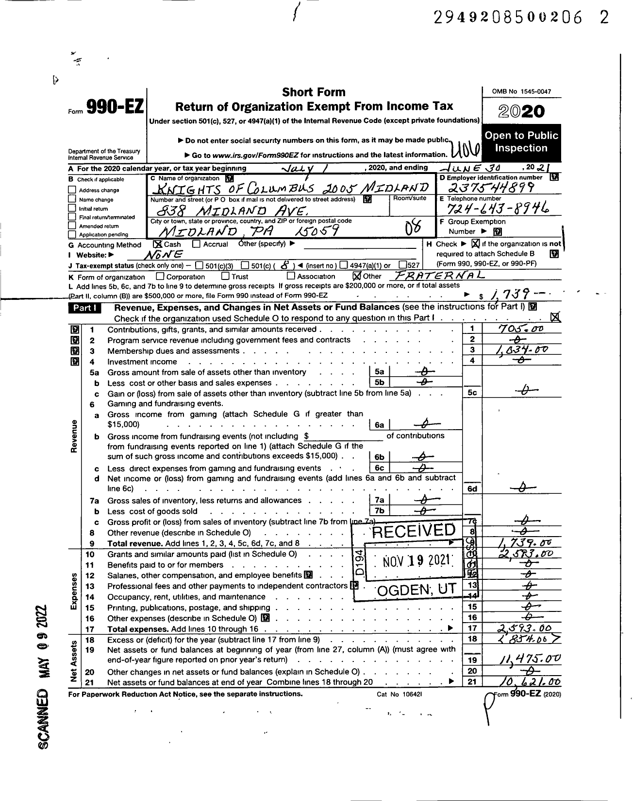 Image of first page of 2020 Form 990EO for Knights of Columbus - 2005 Midland Council