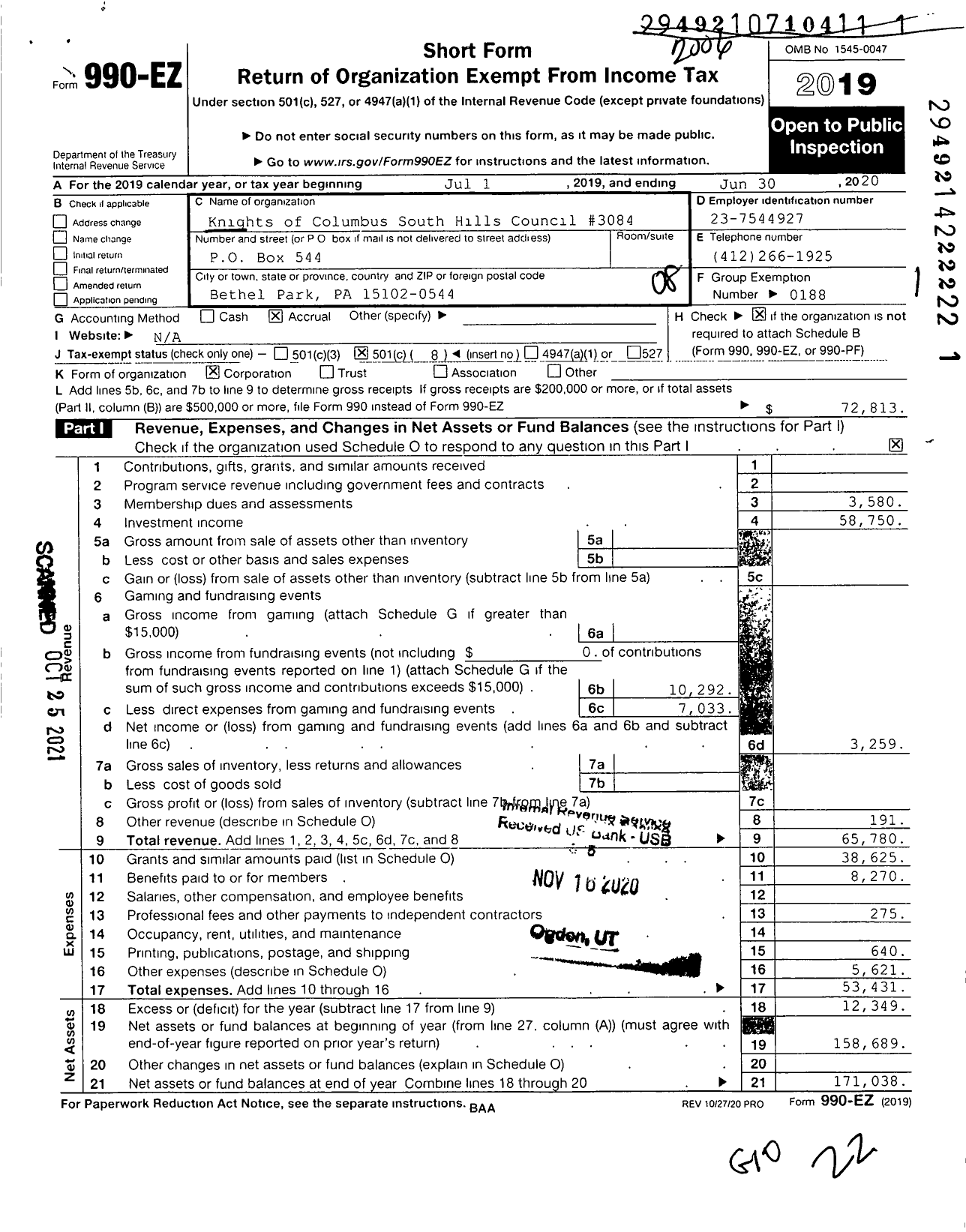 Image of first page of 2019 Form 990EO for Knights of Columbus - 3084 South Hills Council