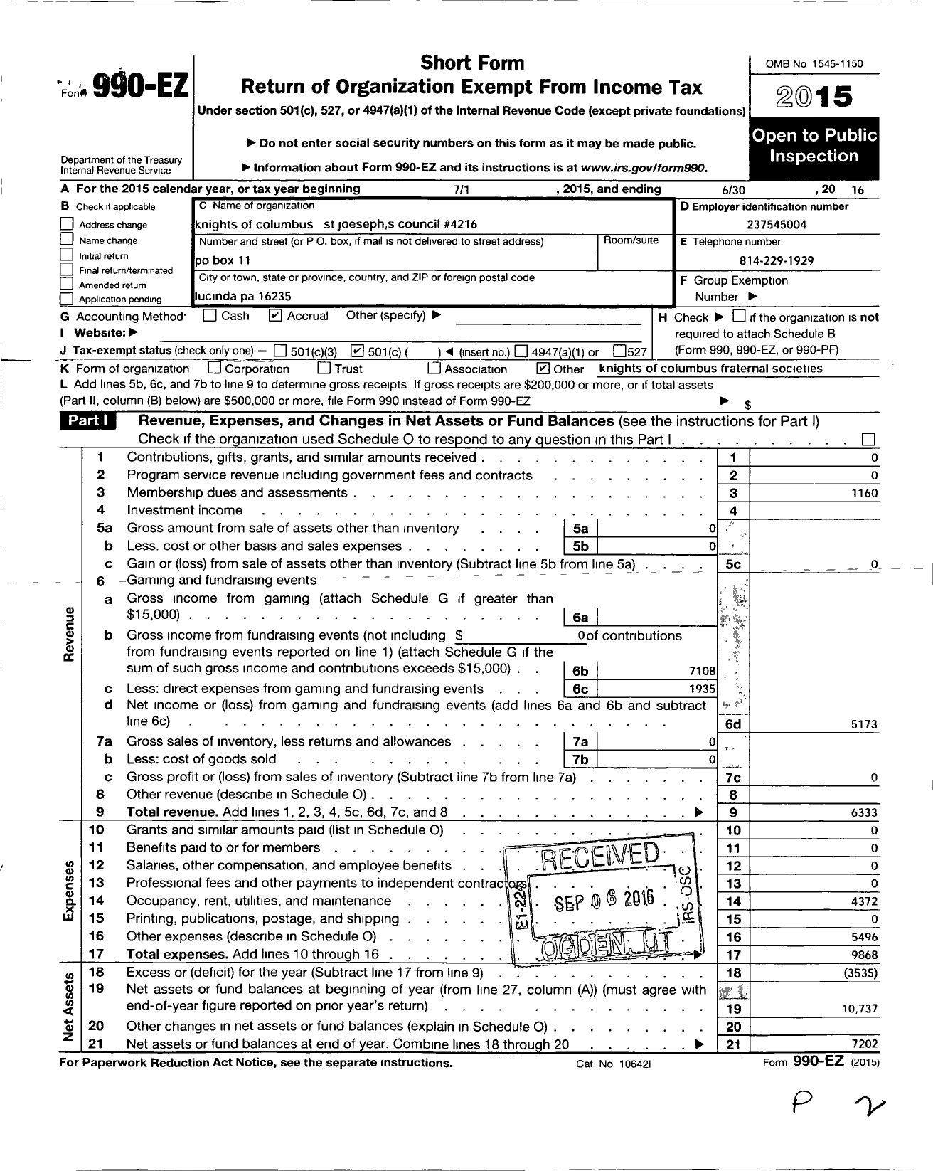 Image of first page of 2015 Form 990EO for Clarion County Council Number 4216