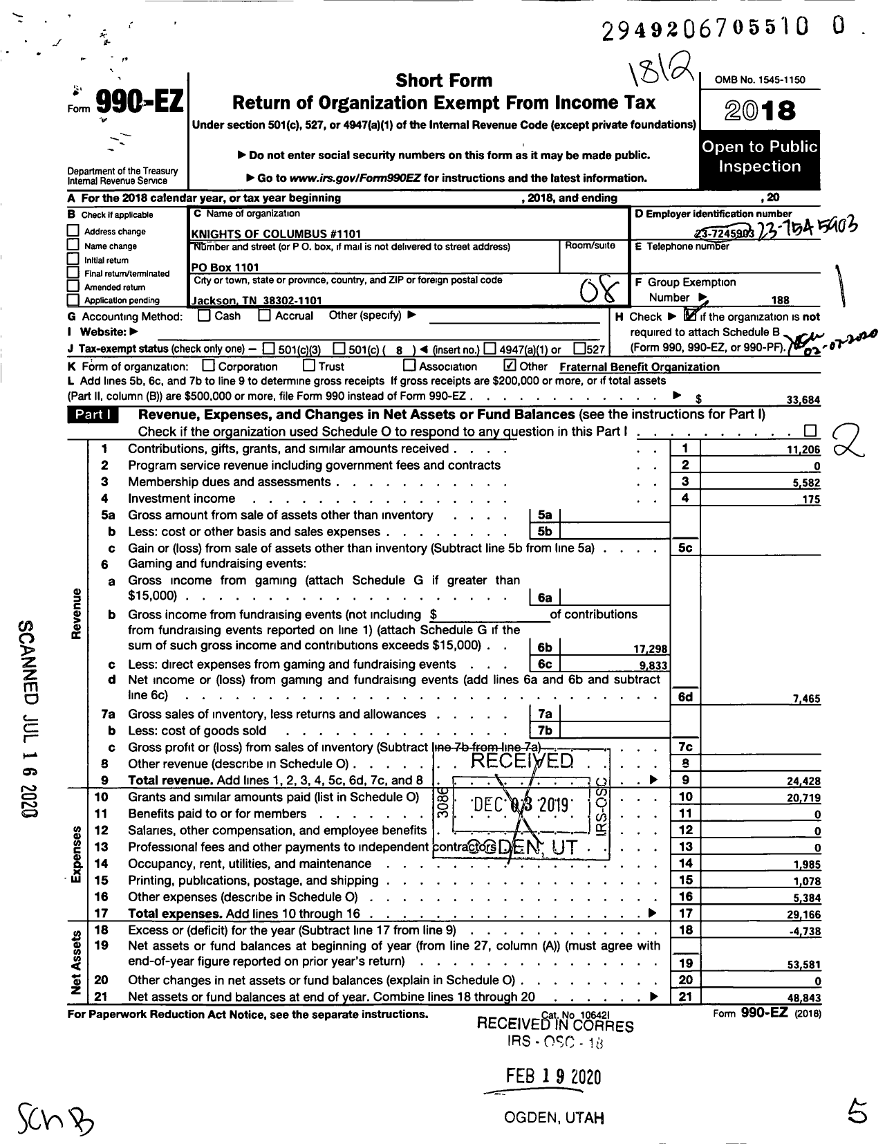 Image of first page of 2018 Form 990EO for KNIGHTS of COLUMBUS - 1101 FT John Jay Jackson Council