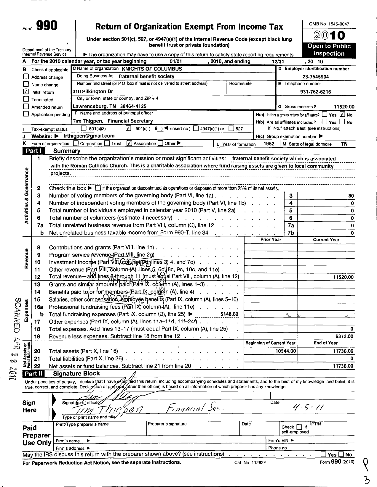 Image of first page of 2010 Form 990O for Knights of Columbus - 2246 Lawrenceburg Council