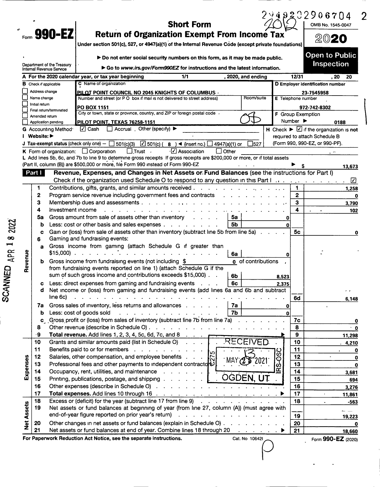 Image of first page of 2020 Form 990EO for Knights of Columbus / 2045 Pilot Point Council