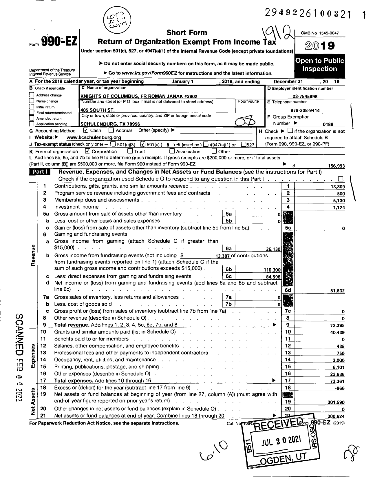 Image of first page of 2019 Form 990EO for Knights of Columbus - 2902 FR Roman Janak Council