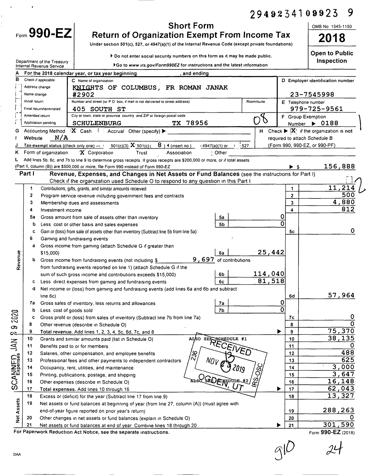 Image of first page of 2018 Form 990EO for Knights of Columbus - 2902 FR Roman Janak Council