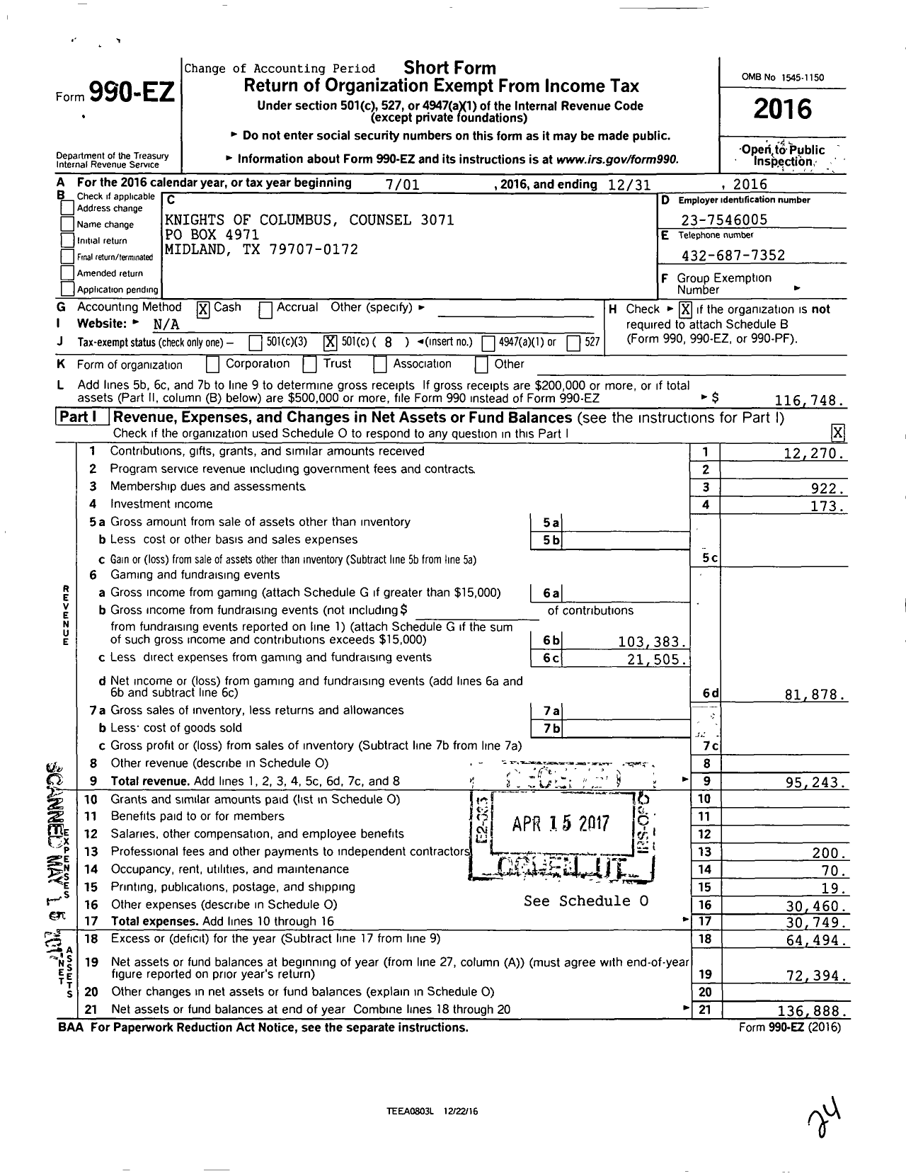 Image of first page of 2016 Form 990EO for Knights of Columbus - 3071 Midland Council