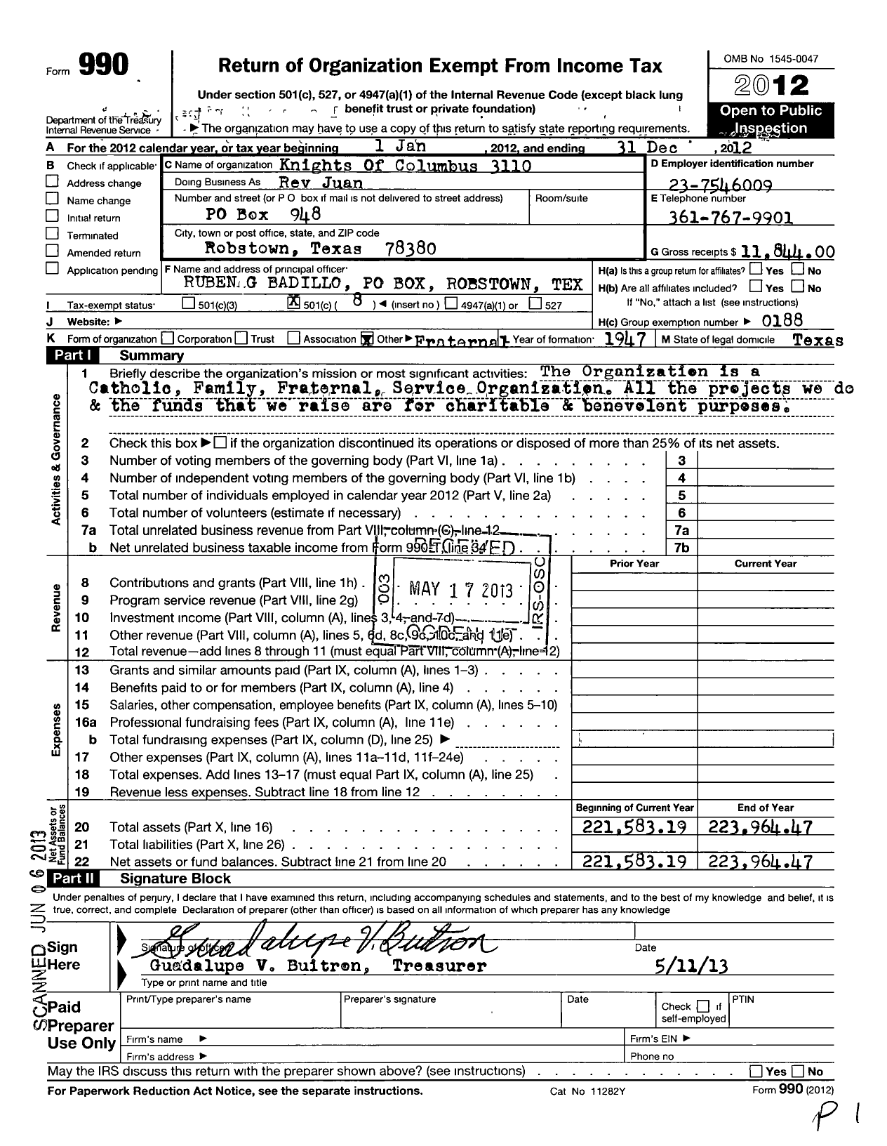 Image of first page of 2012 Form 990O for Knights of Columbus - 3110 Rev Juan Canales Council