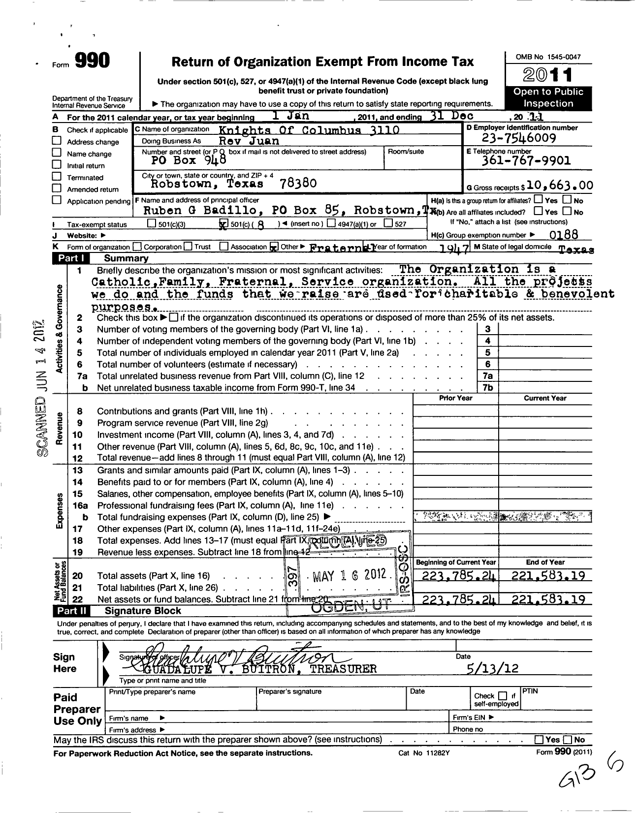 Image of first page of 2011 Form 990O for Knights of Columbus - 3110 Rev Juan Canales Council